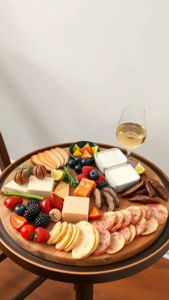 A budget-friendly charcuterie board featuring various cheeses, meats, fruits, and a glass of wine.