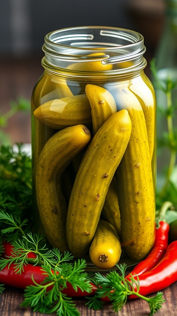 A jar of spicy garlic dill pickles surrounded by fresh herbs and red chili peppers.