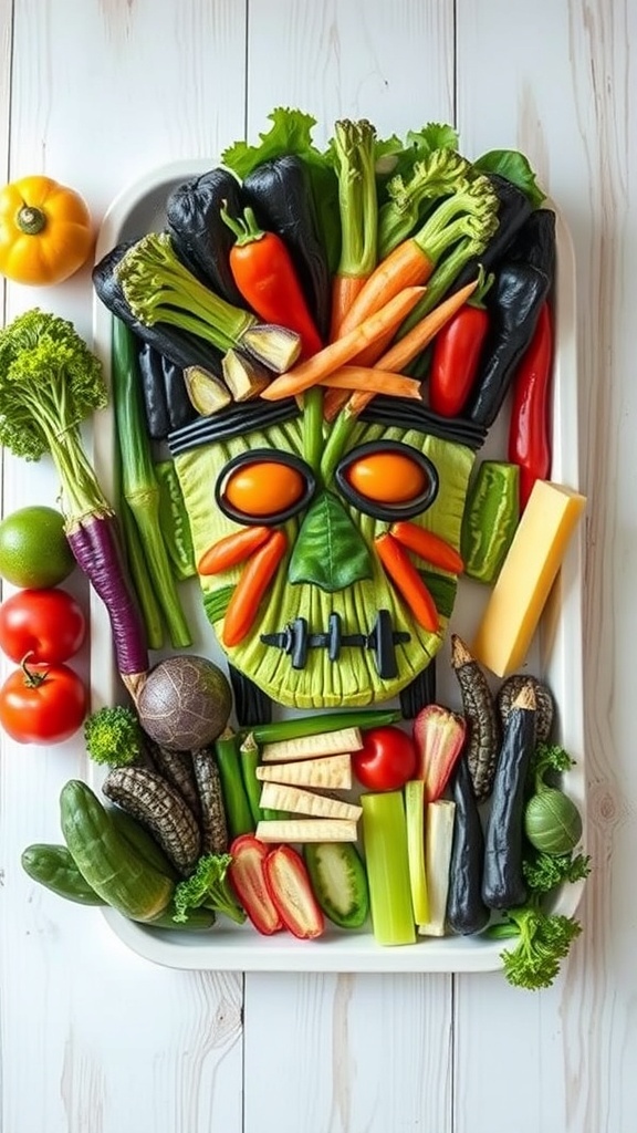A creatively arranged veggie tray resembling Frankenstein's face, featuring various vegetables like cucumbers, bell peppers, and carrots.