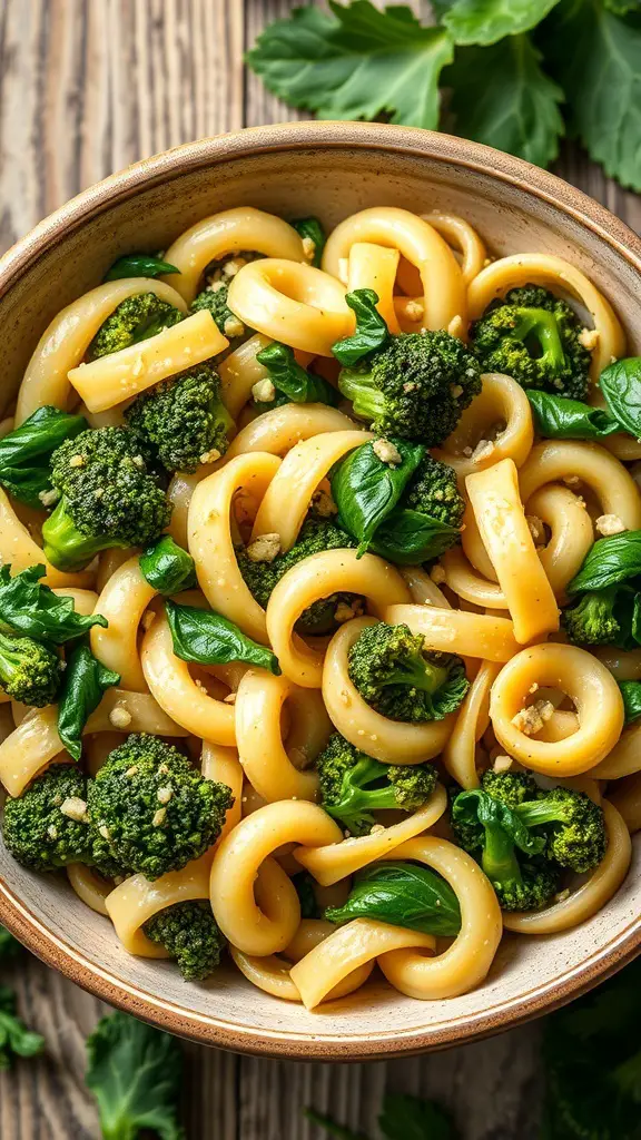 A bowl of orecchiette pasta with broccoli rabe, garlic, and olive oil.