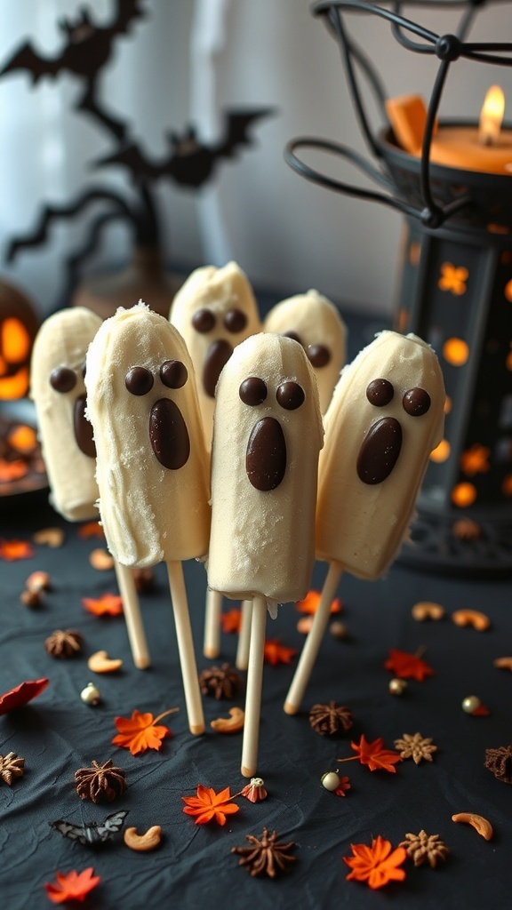 Ghostly Banana Pops decorated with chocolate eyes and mouth on a dark table with Halloween decorations.