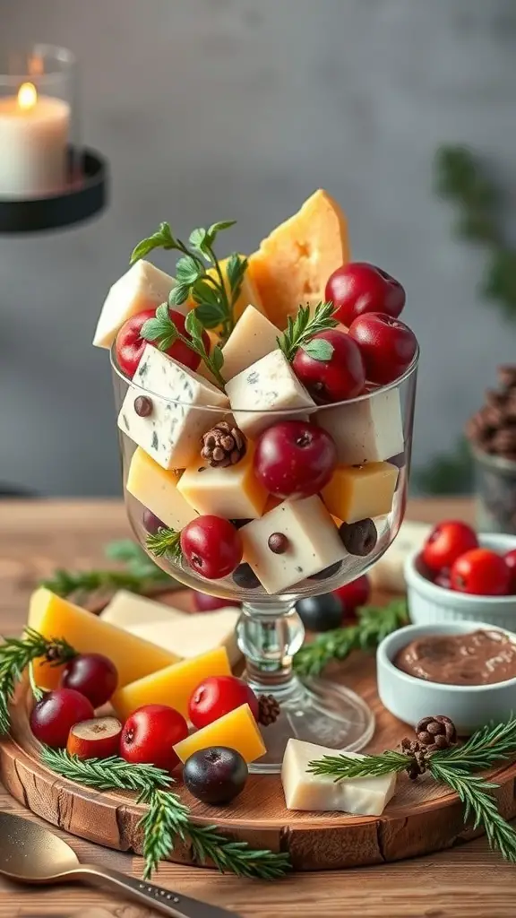 Holiday-themed charcuterie cup with cheese, grapes, and greenery