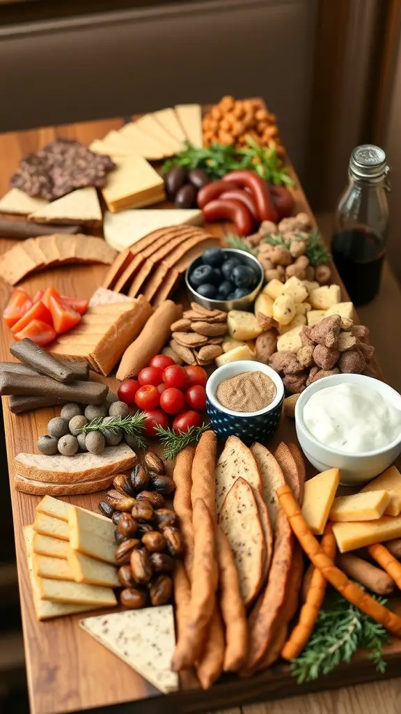 A beautifully arranged charcuterie board with various cheeses, meats, fruits, and dips.