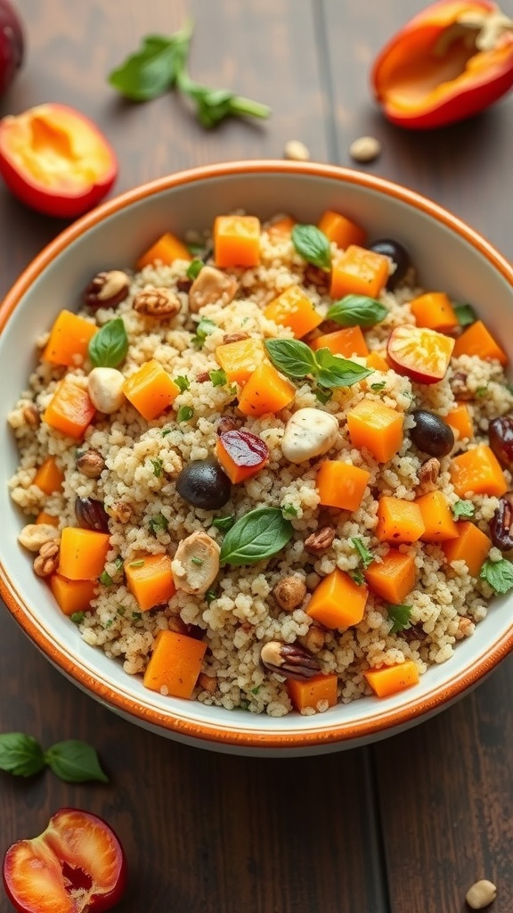 A bowl of quinoa salad with apricots, nuts, and herbs, garnished with fresh basil.