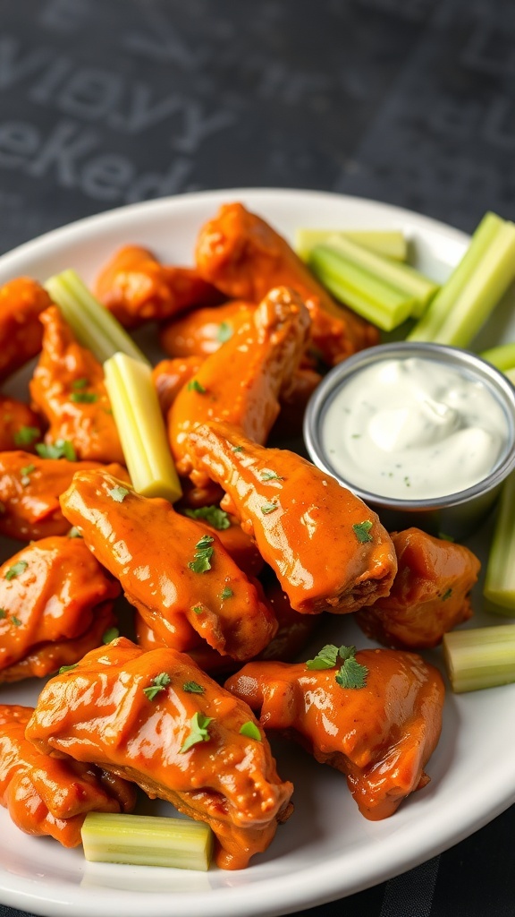 A plate of Buffalo BBQ chicken wings with celery sticks and ranch dressing