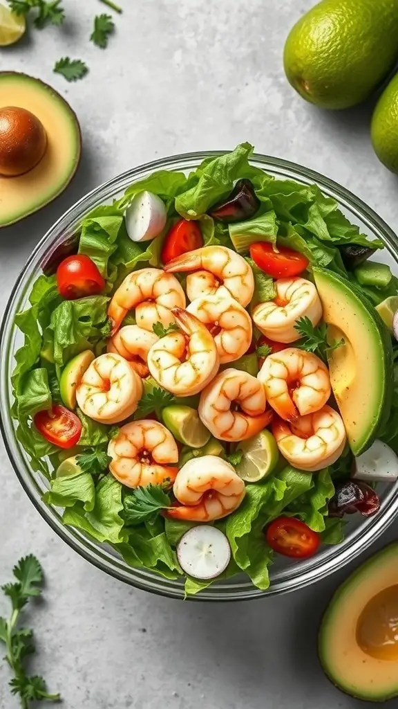 A bowl of Margarita Shrimp Salad with shrimp, lettuce, tomatoes, and avocado.