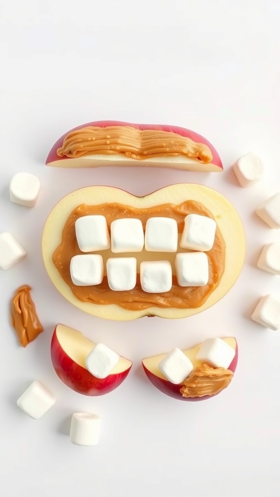 Apple Teeth Treats made with apple halves, peanut butter, and mini marshmallows