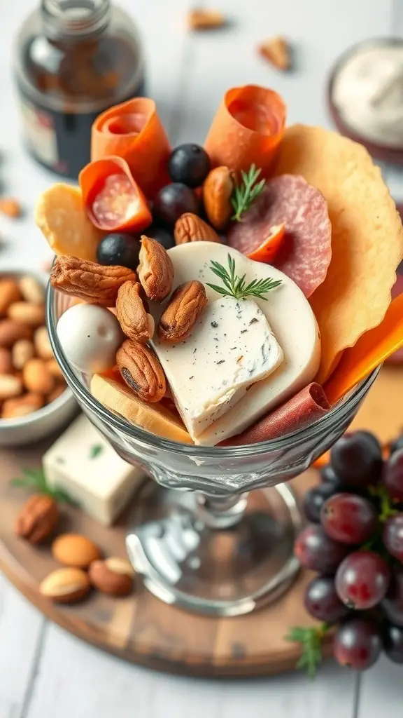 A glass cup filled with a variety of cheeses, meats, nuts, and fruits, showcasing a savory charcuterie medley.