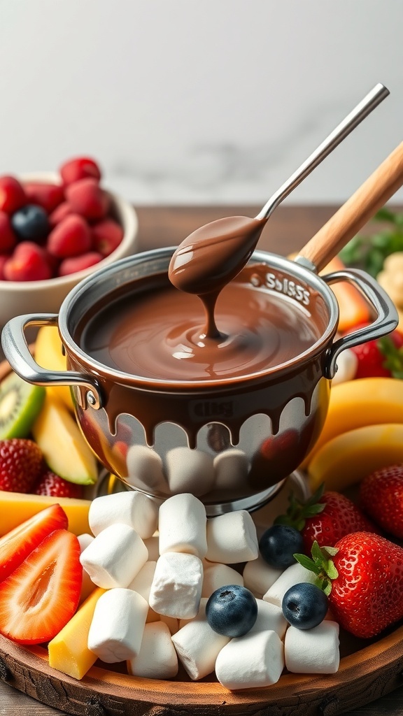 A pot of melted chocolate surrounded by fruits and marshmallows for fondue.