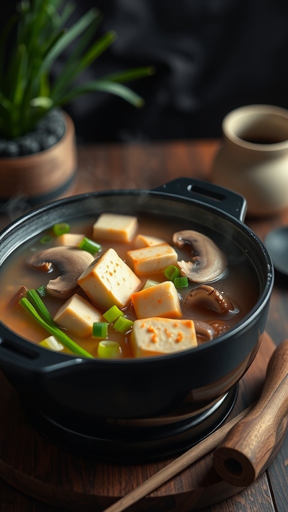 A steaming pot of Asian-inspired miso broth with tofu, mushrooms, and green onions.