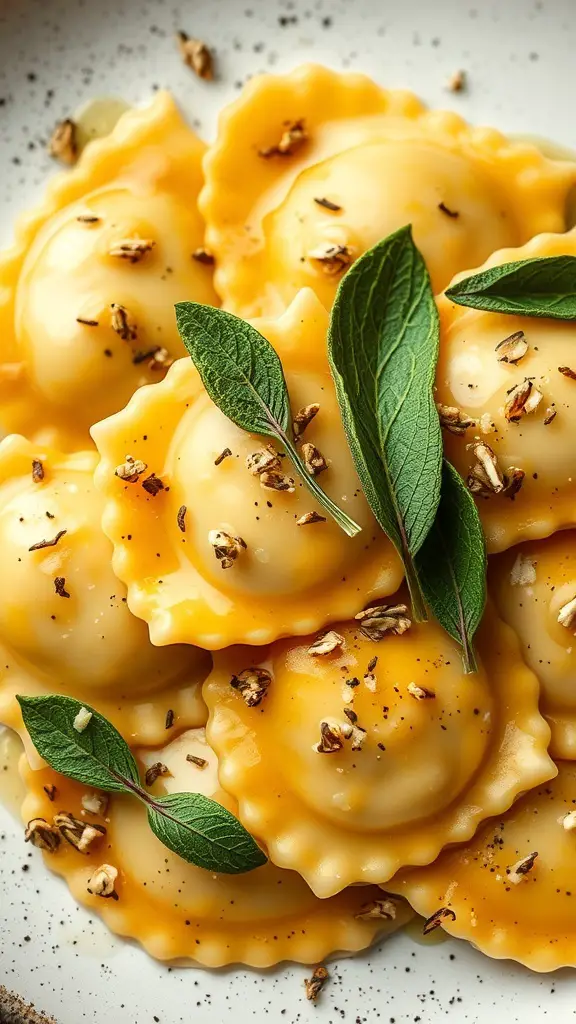 Plate of ravioli in sage brown butter sauce garnished with fresh sage leaves