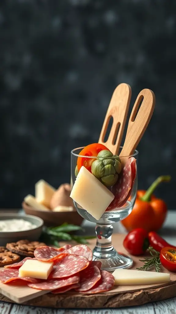 A glass cup filled with salami, cheese, olives, and cherry tomatoes, accompanied by crackers on a wooden board.