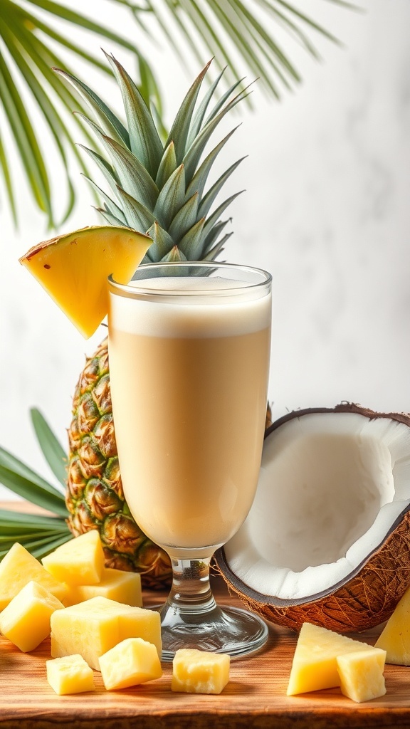 A glass of pineapple coconut fusion drink with fresh pineapple and coconut on the side.
