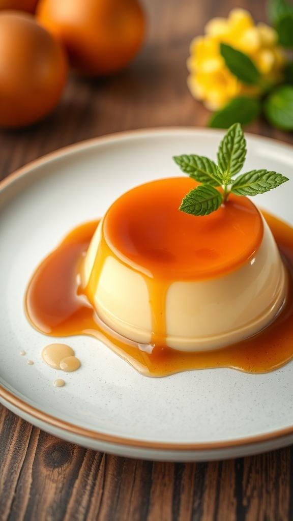 A delicious flan topped with caramel sauce and a mint leaf, served on a plate.