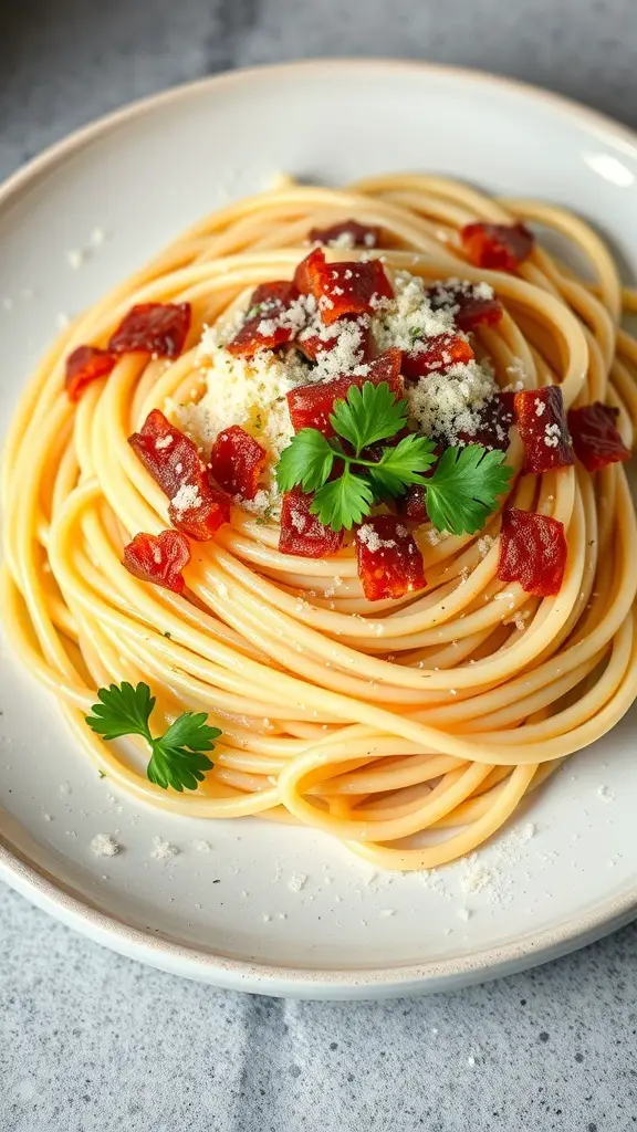 A plate of spaghetti carbonara topped with pancetta and parsley.