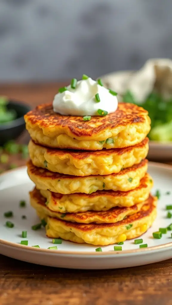 Stack of corn and zucchini fritters topped with sour cream and chives