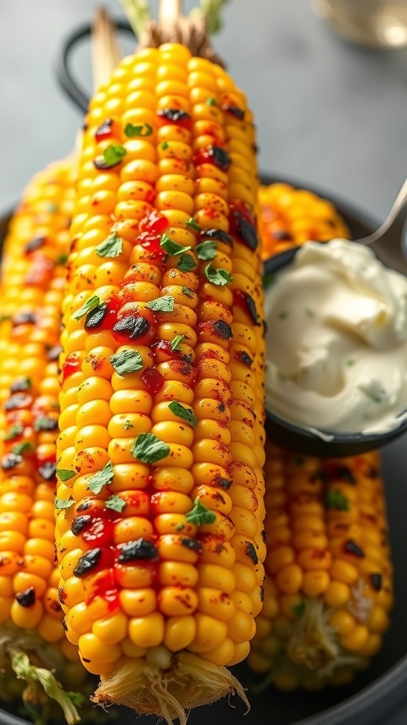 Grilled corn on the cob topped with BBQ butter and herbs