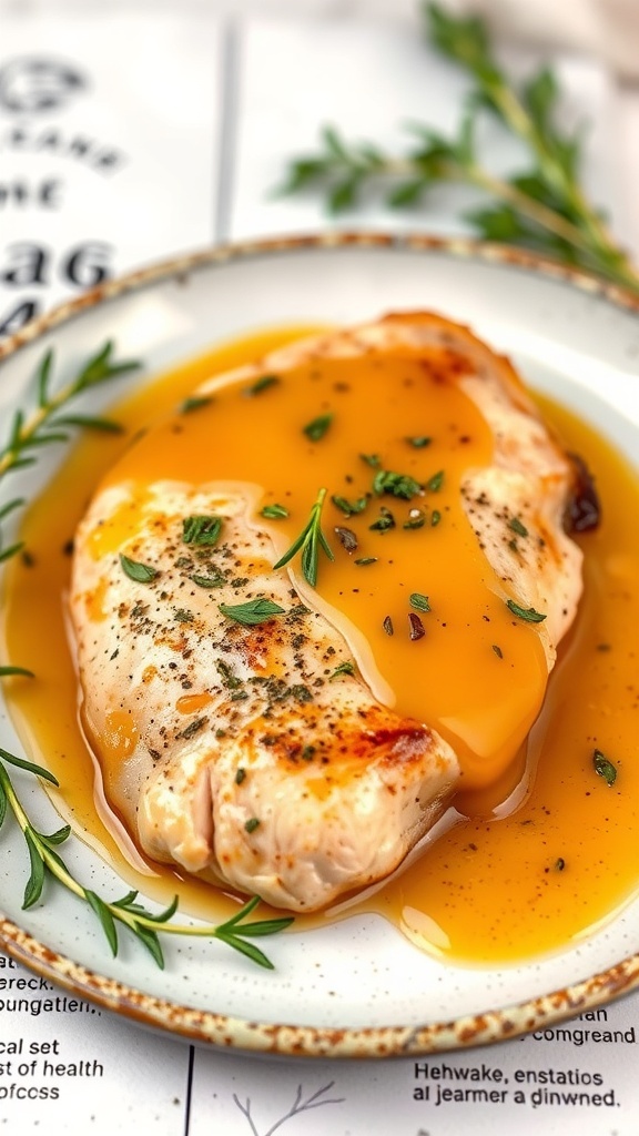 A plate of apricot glazed chicken breast with herbs