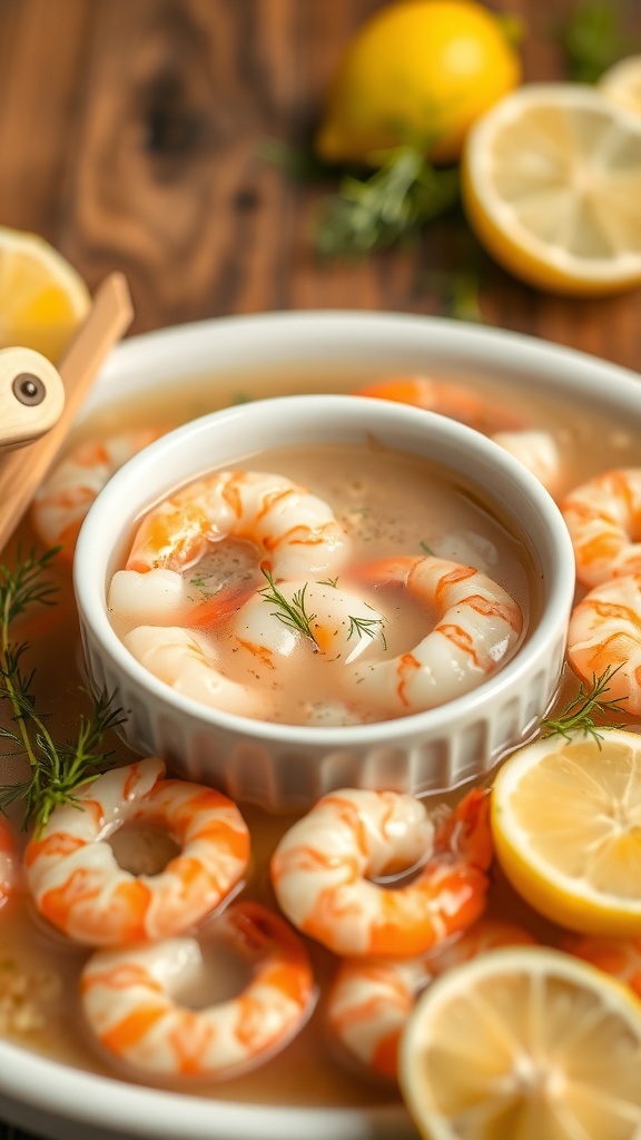 A bowl of lemon dill seafood broth with shrimp and lemon slices