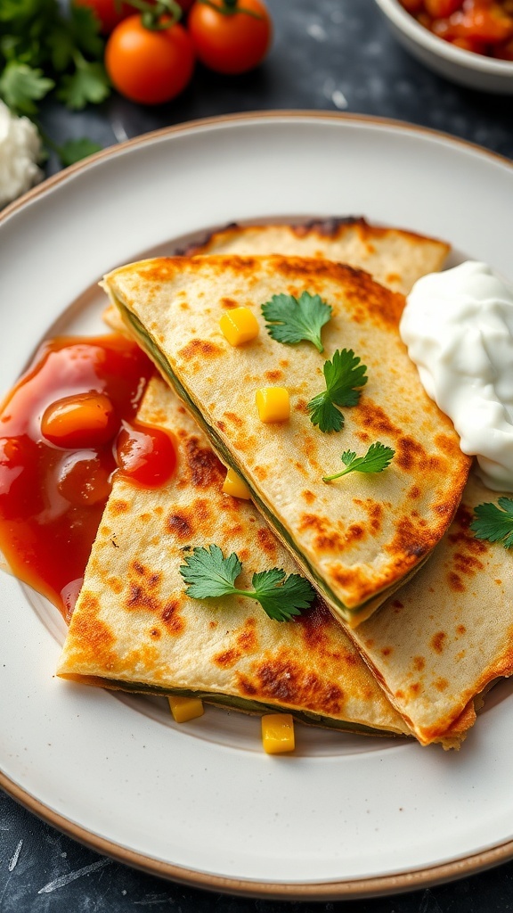 Zucchini and corn quesadillas served with salsa and garnished with cilantro.