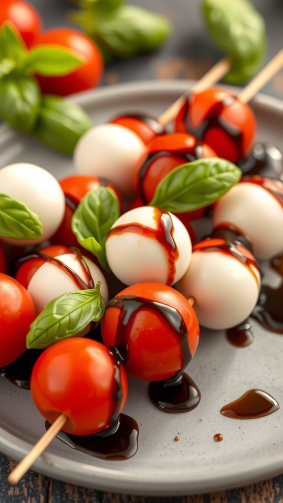 Caprese skewers with cherry tomatoes, mozzarella balls, and basil drizzled with balsamic glaze on a plate.