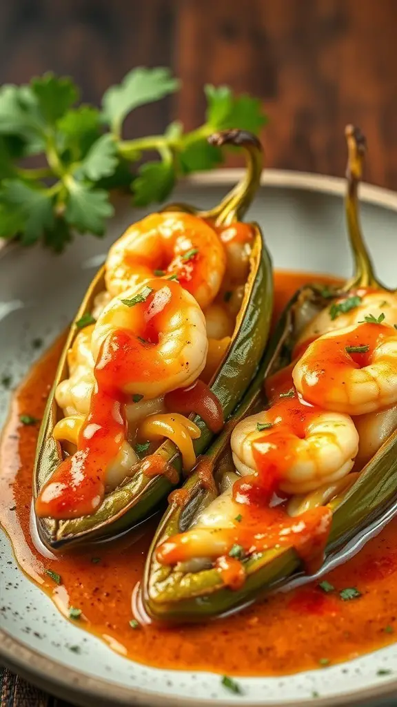 Shrimp Chiles Rellenos with shrimp and sauce in green peppers