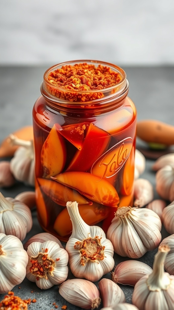 A jar of smoky paprika pickled garlic surrounded by fresh garlic cloves.