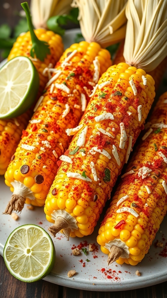 Grilled elote street corn topped with cheese and spices, served with lime.