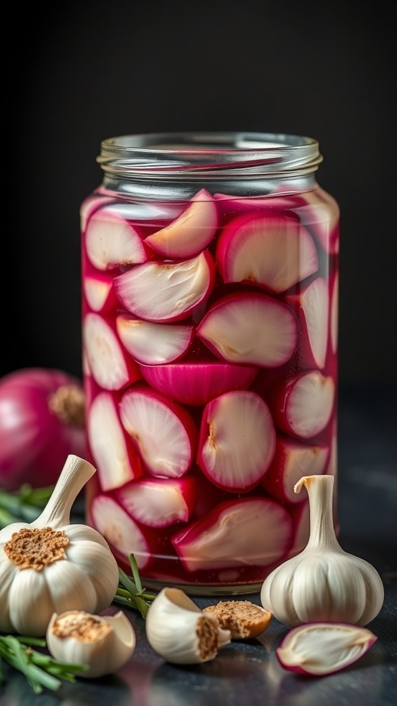 A jar of pickled red onions with garlic cloves beside it.