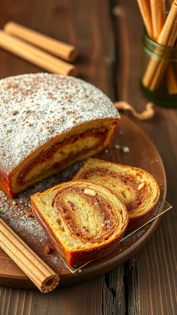 A churro cake with a dusting of powdered sugar and cinnamon sticks on a wooden plate.