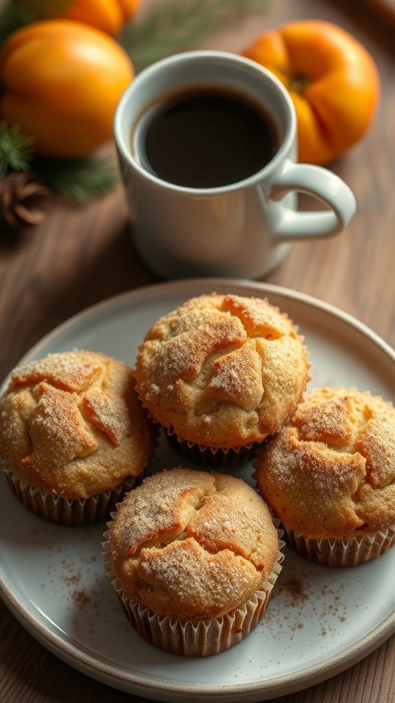 A plate of freshly baked apricot muffins with cinnamon, a cup of coffee, and apricots in the background.