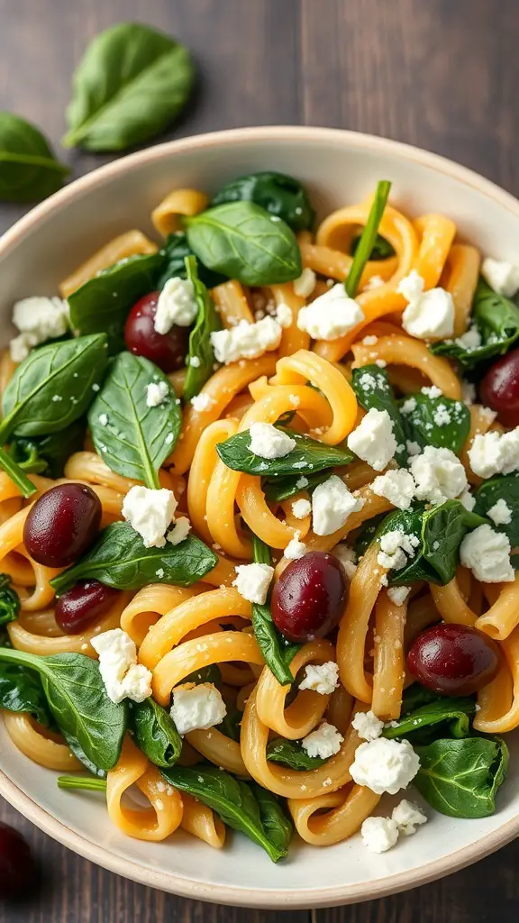 A bowl of fusilli pasta with spinach, feta cheese, and olives.
