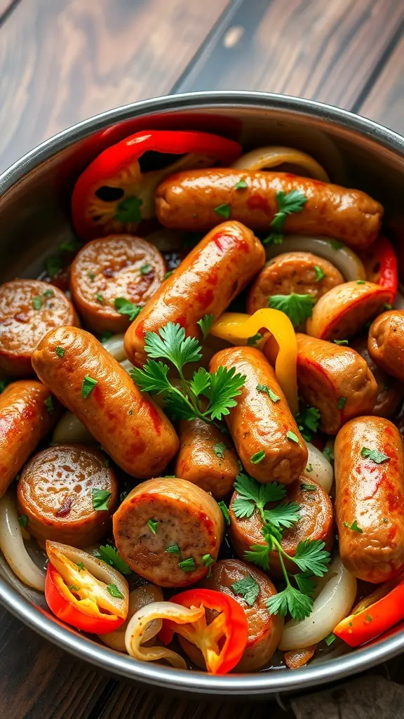 A skillet filled with Italian sausages, colorful bell peppers, and onions, garnished with fresh parsley.