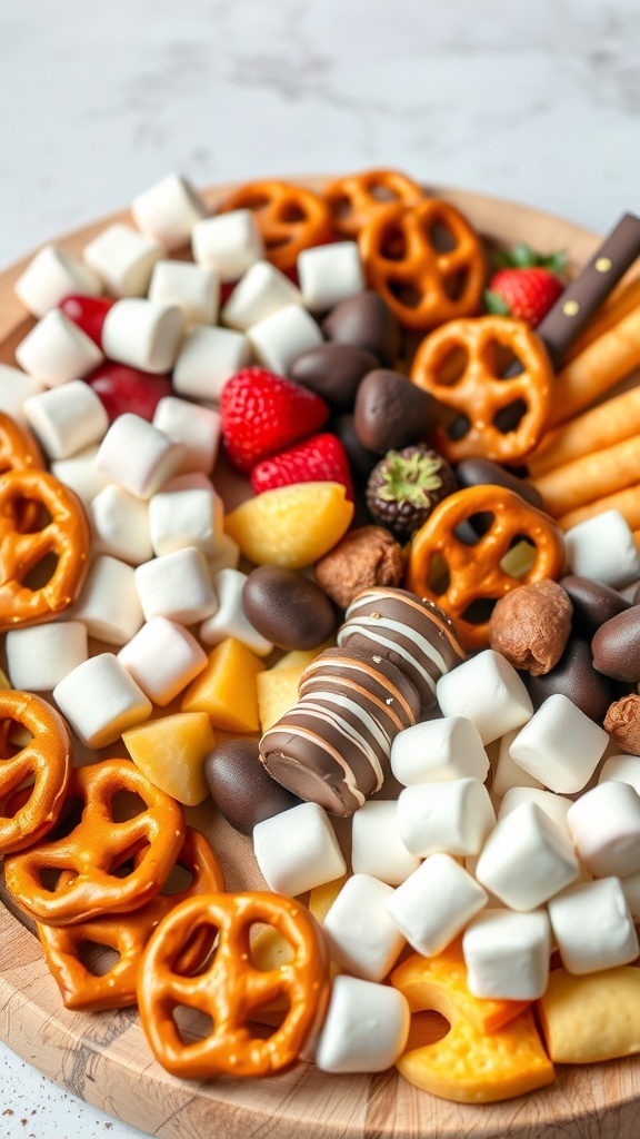 A dessert charcuterie board featuring chocolate dipped pretzels, strawberries, and marshmallows.