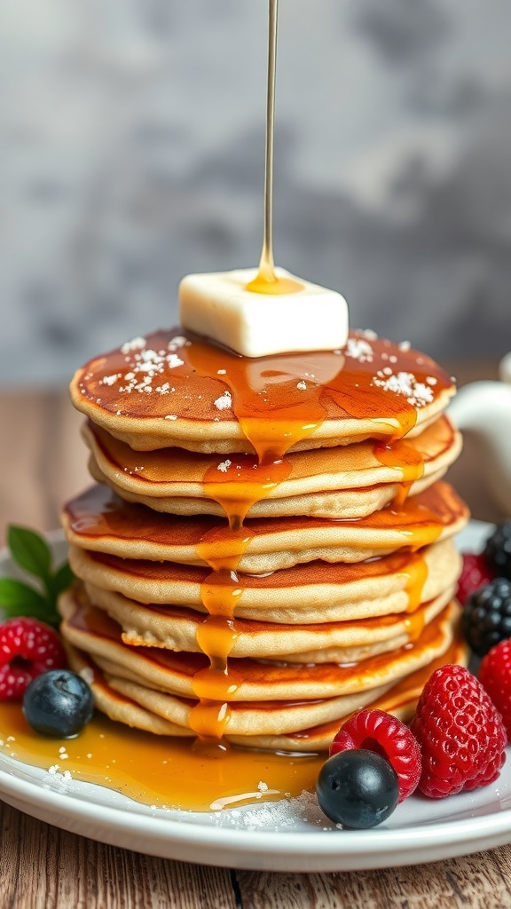A stack of fluffy pancakes topped with butter and syrup, surrounded by fresh berries.