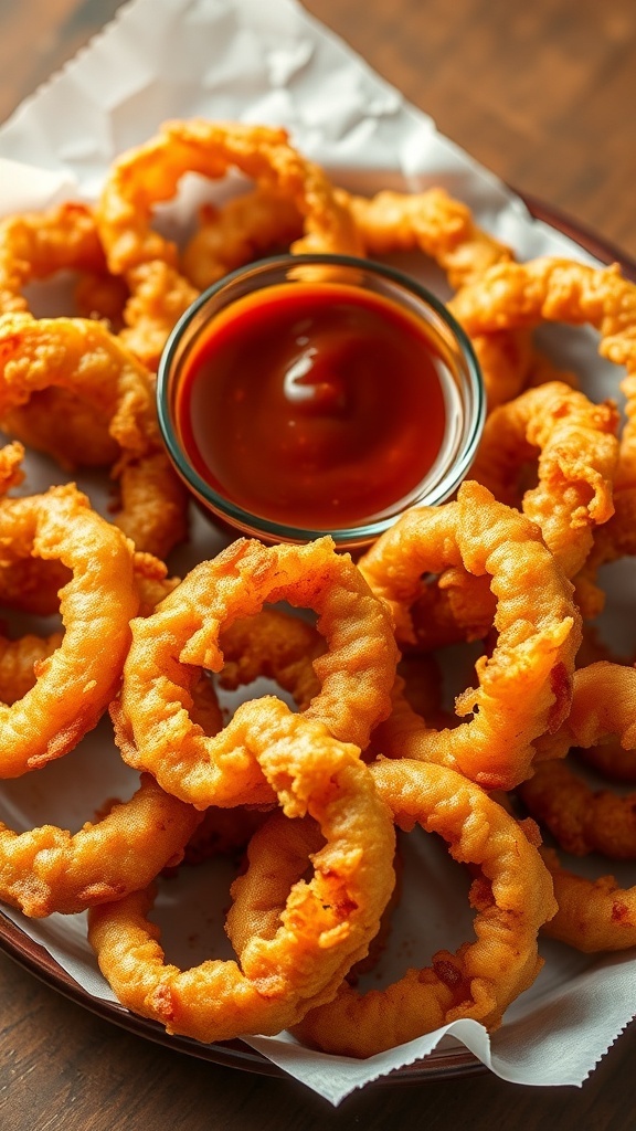 A plate of crispy onion rings with a small bowl of BBQ sauce