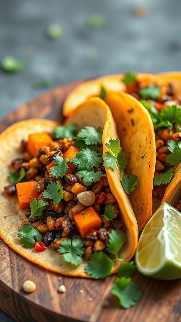 Lentil and sweet potato tacos with fresh cilantro and lime