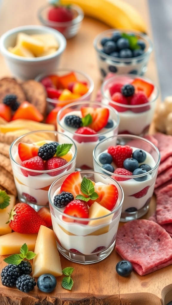 Colorful fruit and yogurt parfait cups arranged on a charcuterie board with fresh fruits and snacks.