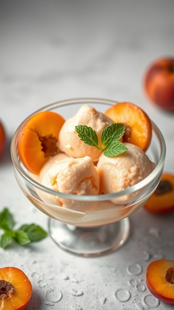 Bowl of apricot sorbet with fresh apricot halves and mint leaves