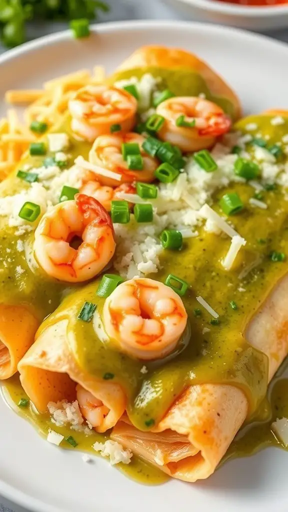 A plate of shrimp enchiladas topped with green sauce, shrimp, and green onions.