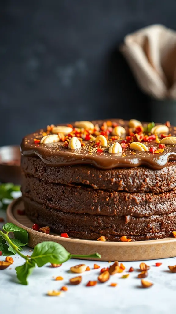 A beautifully layered Mole Poblano Cake topped with chocolate frosting and garnished with nuts and colorful sprinkles.