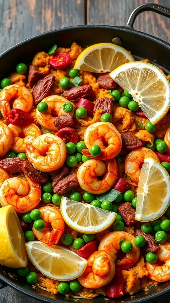 A vibrant Shrimp and Chorizo Paella with shrimp, chorizo, green peas, and lemon slices.
