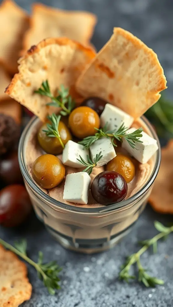 A charcuterie cup with olives, feta cheese, and pita chips, garnished with herbs.