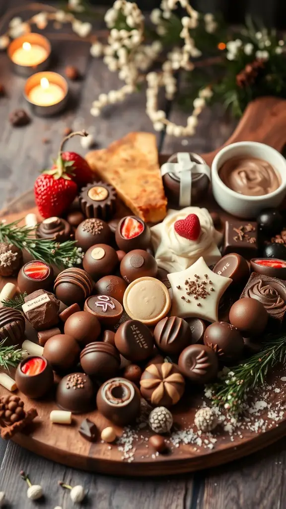 A beautifully arranged charcuterie board featuring a variety of chocolates, strawberries, and decorative elements.