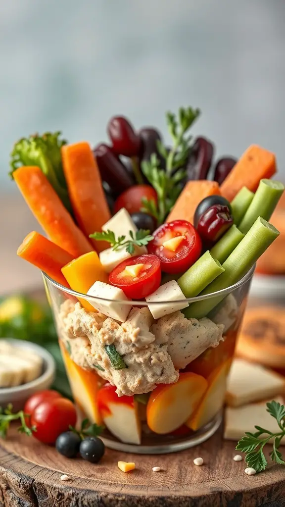 A colorful vegan charcuterie cup filled with assorted vegetables, fruits, and dips.