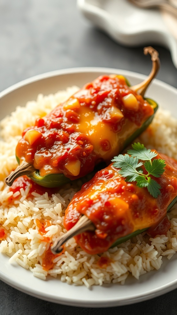 Chiles Rellenos topped with tomato sauce on a plate with rice