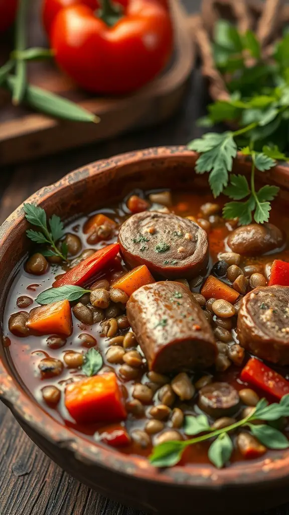A bowl of Italian sausage and lentil stew with colorful vegetables and herbs.
