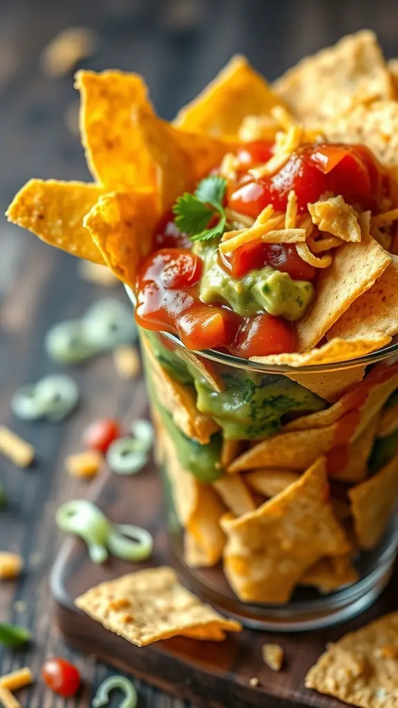 A colorful charcuterie cup filled with tortilla chips, guacamole, salsa, and cheese.