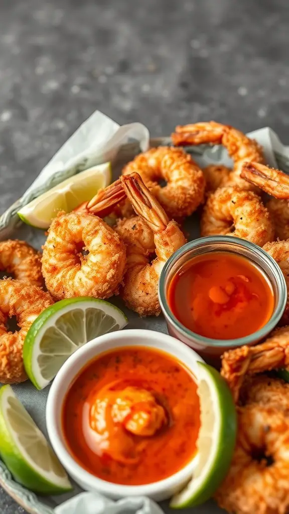 A plate of coconut shrimp with dipping sauces and lime wedges.