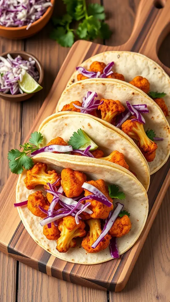 Chili lime roasted cauliflower tacos on a wooden board